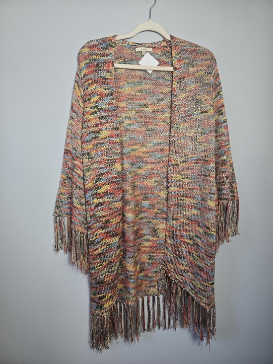easel Sweaters - NWT Easel Multicolor Sequin Fringe Duster Cardigan Knit Kimono Sweater Size M/L